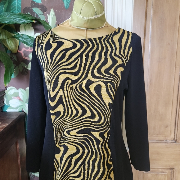 Misook Black & Gold Abstract Knit Dress Size Small | Long Sleeve | Career Chic - Picture 2 of 10